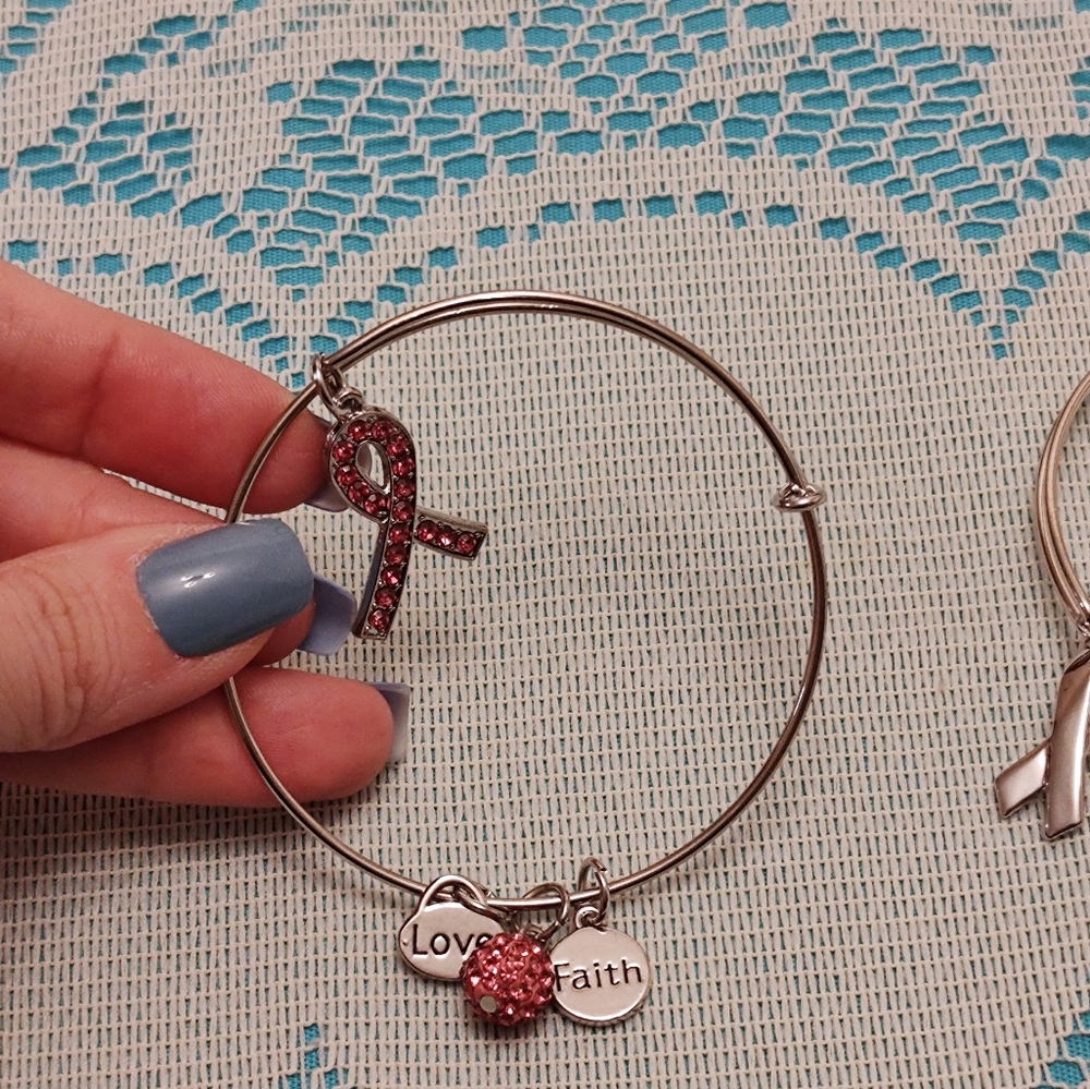 2 Breast Cancer Awareness Pink Ribbon Silver Tone Bracelet Set Strength HopePr - Picture 6 of 6